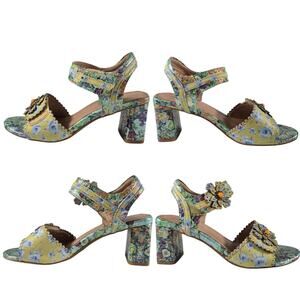 L'Artiste Blue Yellow Green Floral Block Heel Strappy Sandals NEW 39 US 8 1/2